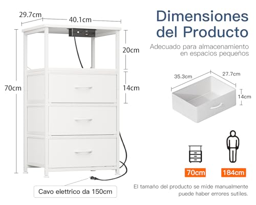 Miniatura 3 de Coleshome Mesitas De Noche Blanco, Con Enchufe, 2 Puertos Usb Y Tira De Luces Led, Mesita De Noche Con 3 Cajones De Tela Y 2 Espacio De Almacenamiento, 40 X 30 X 70 Cm, 1 Paquete