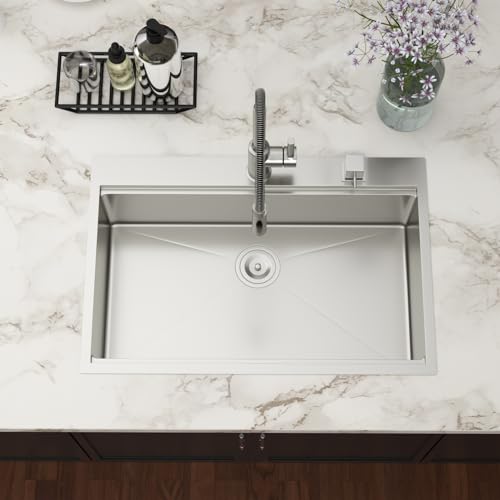 33x22 Drop In Kitchen Sink Workstation - Couoko 33 Inch 16 Gauge T304 Stainless Steel Drop In Sink Large Deep Handmade Single Bowl Kitchen Sinks with Accessories, 33"x22"x9" by Couoko - Image 9