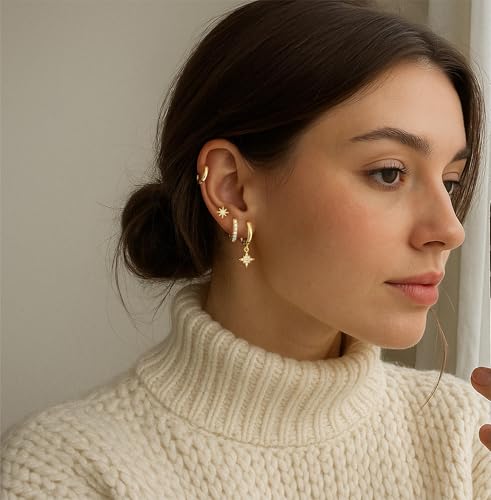 Image of Small Gold Huggie Hoop Earrings Set for Women Men Hypoallergenic 14K Plated Stack Cartilage Earrings, Sterling Silver Multiple Piercing Lightweight Mini Thin Cute Dainty Trendy Jewelry Gifts for Women