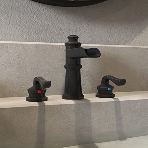Bwe Waterfall Widespread Bathroom Faucet 3 Hole Sink Farmhouse With Oil Rubbed Bronze Bath Bathtub Faucets Pop Up Drain Stopper Assembly And Supply Line Lead-Free 8-16 Inch 2 Handle Vanity Lavatory #TOP1