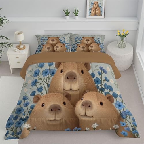 DLERFLOVR Edredón Cama 90 Lindo Capibara Juego de Edredón Reversible Estilo De Dibujo Infantil Nórdico Acolchado Ligero y Cálido con Fundas para Cualquier Temporada, Marrón, 140x200cm