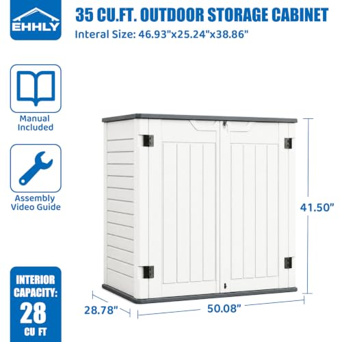 Image of EHHLY Horizontal Resin Storage Shed, 35 Cuft Garden Tool Sheds & Outdoor Storage, Outdoor Plastic Storage Cabinet Waterproof, 4FT Tall Backyard Outside Lawn Mower Storage Shed, White