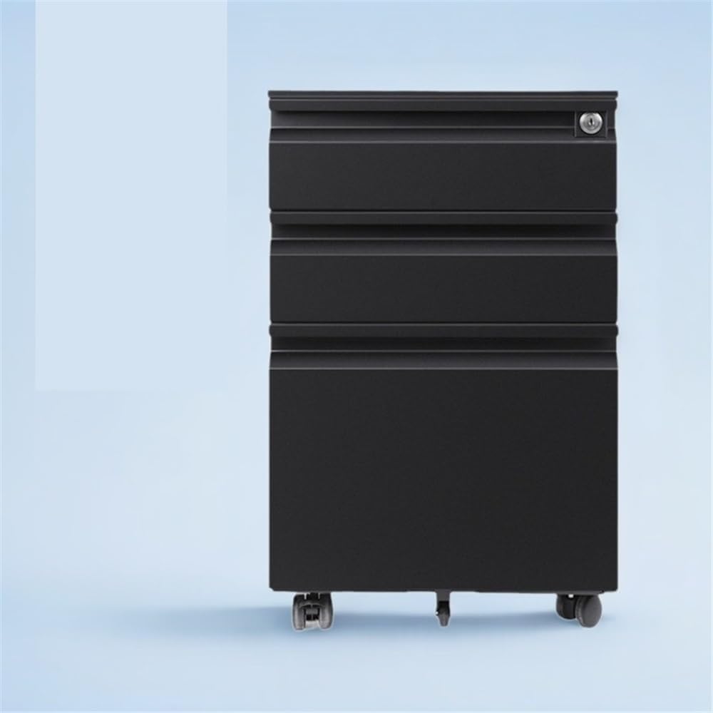 File Cabinet Steel Cabinet Three Drawers with Wheels Mobile Office File Short Cabinet with Lock Thick Office Storage Cabinet(Black)