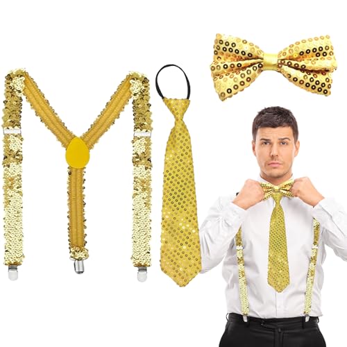 XNIVUIS Elastisk Y-Form Hängslen och Fluga Set för Män och Kvinnor - Glitterpaljetter, Justerbara, Kostym Tillbehör för Fest, Karneval (Guld)
