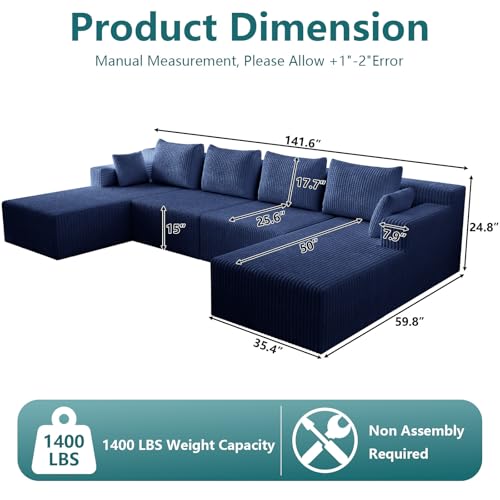 Image of 142 inch U-Shape Cloud Couch, Modern Modular Sectional U-Shape Sofa, Corduroy Boneless Couch Upholstered Couches Deep Seat Sleeper Chaise Longue for Living Room, No Assembly Required,Blue