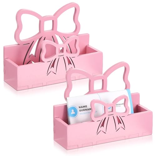 Weysat 2 Pcs Pink Bow Wooden Business Card Holders for Desk Coquettish Preppy Business Card Display Stands Postcard Organizer Holder for Christmas Women Office Home Desktop Tabletop
