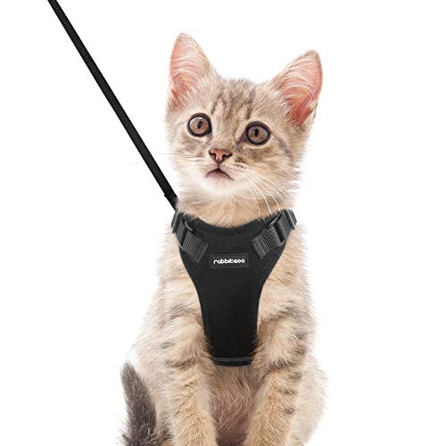 rabbitgoo Cat Harness and Leash Set for Walking, Plush Escape Proof Walking Outdoor Vest for Cold Weather, Adjustable Easy Control Reflective Strips Jacket, Black, XS (Chest: Chest: 13.5