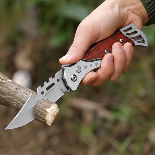 Image of Kitchen Utility Folding Knife with Stainless Steel Blade and Wooden Handle - Portable Fruit and Vegetable Cutter with Multi Purpose Pocket Design for Outdoor, Camping and Kitchen Use