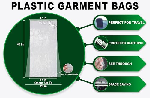 Party Bargains 40 Inch Clear Plastic Garment Bags, 50 Pack, 80 Gauge Dry Cleaning Laundrette Bag Clothes Cover Protector for Suits, Dresses, Gowns, Coats, Uniforms