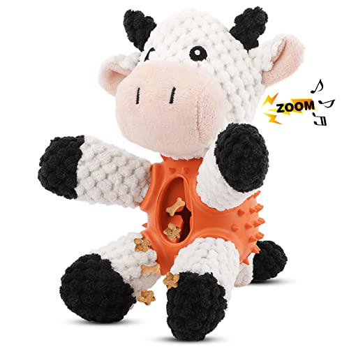 4 in 1 Plush Dog Toy for Boredom, Stuffed Soft Puppy Chew Toy with Treat Dispenser, Squeaky Interactive Dog Toy for 8 weeks Small and Medium Dogs Teething (white cow)