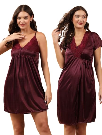 Image of Women 2 Pieces Bridal Maroon Satin lace Self Design Night Wear Lingerie Babydoll Set