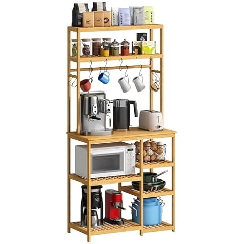 Vriccc Bakers Rack, Coffee Bar with 10 S-shaped Hooks, 8-tier Kitchen Utility Storage Shelf, Open Storage Shelves，31.5 x 15.4 x 65 Inches Cover