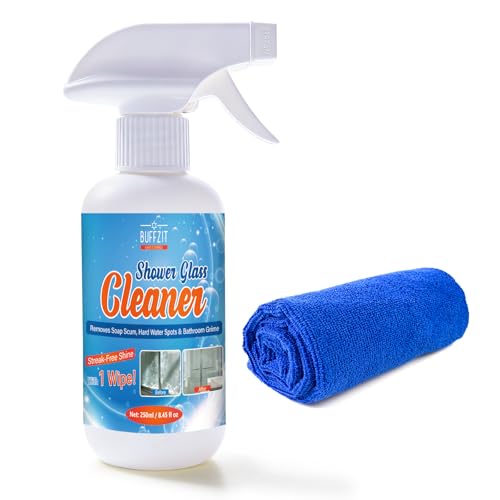 BUFFZIT Shower Glass Cleaner, Hard Water Stain & Soap Scum Remover for Glass, Windows and Mirrors, Streak-Free Bathroom Glass Cleaner with Cleaning Towel, 8.45 fl oz / 250ml