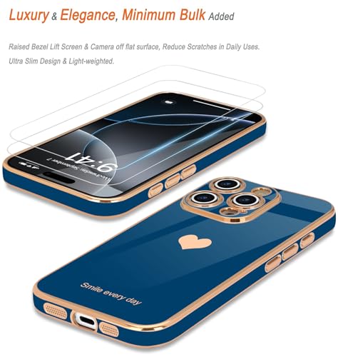 Teageo for iPhone 16 Pro Max Case with Screen Protector [2 Pack] Girl Women Cute Girly Love-Heart Luxury Gold Soft Cover Camera Protection Shockproof Phone Case for iPhone 16 Pro Max, Royal Blue by Teageo - Image 3