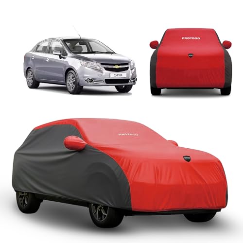 Image of PROTEGO Prime Series India's 1st Anti-Tear Car Cover for Chevrolet Sail Sedan | Heavy-Duty, Custom Fit, All Weather | 100% Waterproof, Windproof & Hail Resistant | 2-Year Warranty | Red + Black