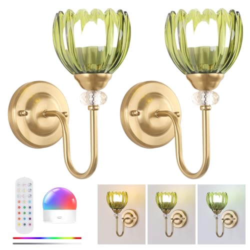 Image of Set of 2 Vintage Battery Operated Wall Sconce, Rechargeable Wall Lamp with 5000mAh Battery & Remote Control, Dimmable Wall Lights with tulip shade for Bedroom Bathroom Living Room, (Tulip Green Up)