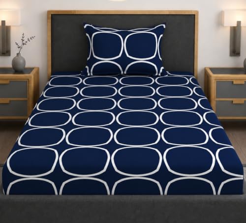 Image of Vaini Premium Heavy Cotton Elastic Fitted Bedsheets with 1 King Size Pillow Covers || Single Bed with All Around Elastic 350 TC || 36 x 78 x 6 Inch Single Size Fitted || :- Blue Round