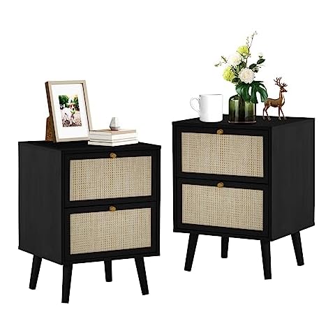 weselon Rattan Nightstand Set of 2, Wood End Tables with Drawers, Bedroom Bedside Table Storage Side Table for Bedroom Living Room (2, Black) Cover