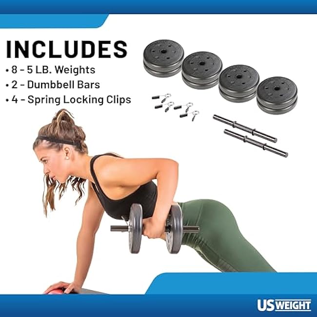 US Weight Adjustable 42LB Dumbbell Set with Spring Clips, 14 Knurled Bars ¨C Made in USA, Essential Home Gym Equipment for Strength Training