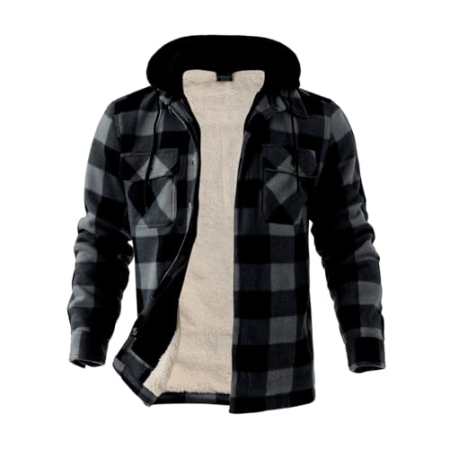 Image of TanBridge Men's Cotton Plaid Shirts Jacket Full Zip Fleece Flannel Sherpa Lined Hoodies Heavyweight Hoodies Jacket for Men