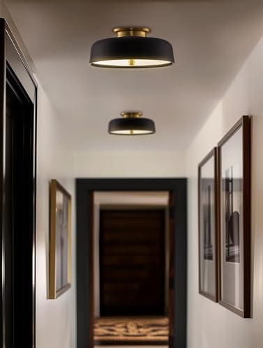 Kira Home Gianna 12\" 2-Light Modern Semi Flush Mount Close to Ceiling Light + Dome Shade, Golden Brass + Black Finish