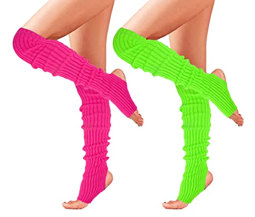 Joyingtwo Women Long Knitted Stirrup Leg Warmers Over Knee High Neon Ribbed Leg Warmers For 80S Party Dance Sports Rose + Neon Green #TOP9