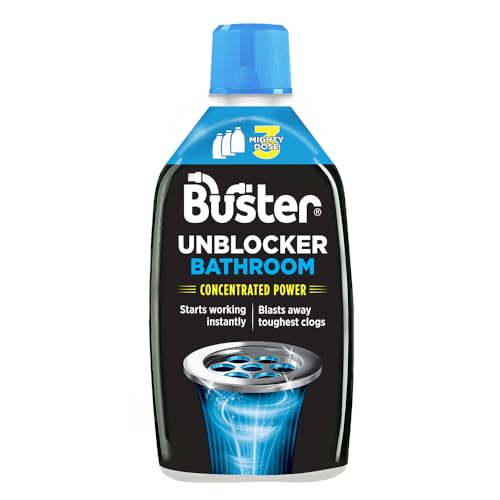 Buster Bathroom Drain Unblocker, Triple Dose Bottle, Fast-Acting Sink Unblocker Dissolves Hair, Sludge & Soap, Drain Cleaner Clears Blockages in Shower, Bath & Bathroom Sink Pipes, 900ml- Made in UK