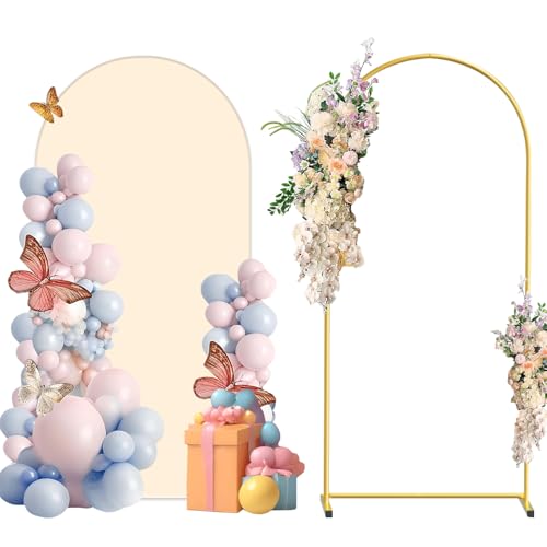 Metal Arch Backdrop Stand and Cover Set, 6FT Beige Reusable Spandex Fitted Backdrop Cover and Gold Wedding Arch Frame for Baby Shower, Birthday, Parties Decoration. by WORFEI - Used condition - US$29.06
