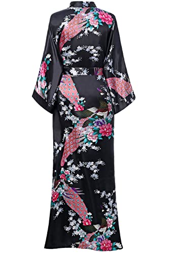 Image of BABEYOND Women's Kimono Robe Long Satin Robes with Peacock and Blossoms Printed Kimono Nightgown