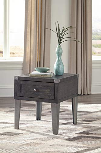 Signature Design By Ashley Todoe Industrial Square End Table With 1 Drawer, 2 Outlets And 2 Usb Charging Ports, Dark Gray With Weathered Pine Finish #TOP3