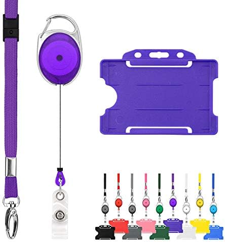 Retractable Lanyard and Badge Holder Trio Triple Pack by LanyardsTomorrow - Set Includes A Single Plain Lanyard, Extendable Carabiner Yoyo Reel Clip and Rigid ID Card Holder (Blue)