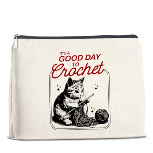 UPNEGE Crochet Gifts Makeup Bag for Women Funny Crocheting Cat Cosmetic Pouch Bags Knitting Gifts for Crochet Lovers Crocheters Knitters