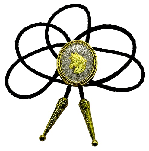 Moranse Bolo Tie Golden Horse Head Western Cowboy Oval Medal Style With Cowhide Rope Necktie #TOP2