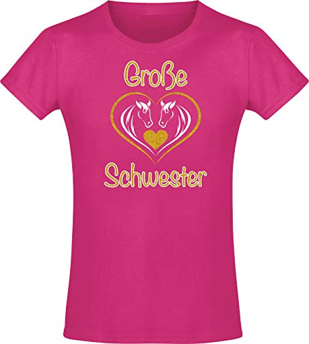 Baddery Pferde T-Shirt Mädchen - Große Schwester - Pferd Tshirt - Reiterin Geschenk Reitbekleidung Kinder (Fuchsia 152)