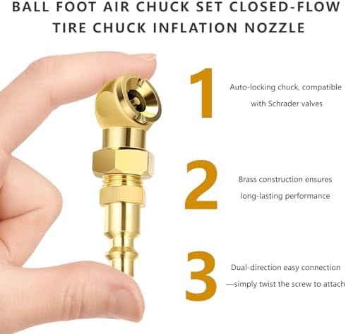 CCHRN 2PCS Ball Foot Air Chuck Set, 1/4" FNPT Portable Closed Ball Tire Chuck w/Quick Plug & Teflon Tape, Leak-Proof Closed Flow Tire Inflator Nozzle Kit for Air Compressor Attachment — view 2