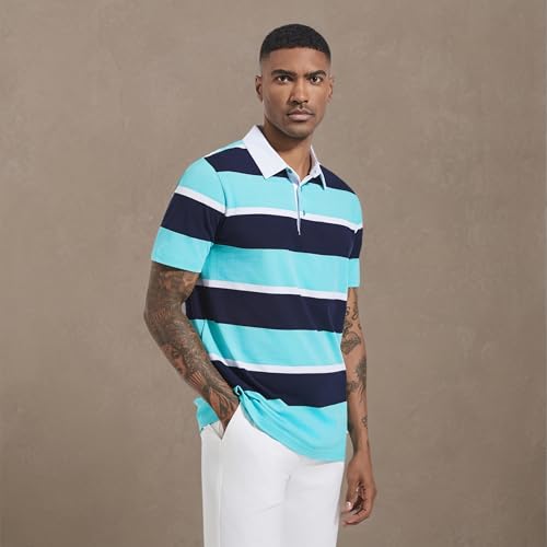 Men's Short Sleeve Polo Shirts for Men Casual Collared Striped Rugby Shirts for Mens Soft Pique Cotton Dry Fit Golf Polo Shirts for Men, M
