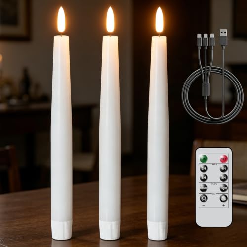Image of GenSwin Rechargeable Flameless LED Taper Candles Battery Operated Remote | White, 3 Pack, Real Wax 3D Flameless Flickering, 0.78 inch x 9.84 inch, 2 /4 /6 /8H Timer, Candlesticks for Wedding & Holiday Decor