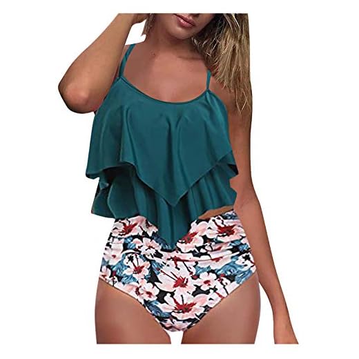 Bikini set damer volang skiktad tvådelad badkläder baddräkt push up bh bikiniöverdel hög midja bikinibyxor tryck sexig strandmode baddräkt strandkläder badkläder, Minegrön, S