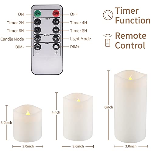 Lhocm Upgraded Flameless Candles Flickering Wick,Outdoor Indoor Battery Operated LED Pillar Candles Flickering Candles with Remote Timer Control, White Real Wax,Long Lasting, Set of 3(D:3\"x H:3\"4\"6\")