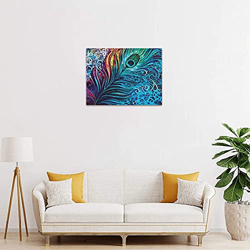 Custom Peacock Feather Canvas Print 16" X 12" Inch, Stretched And Framed Artwork Decor Wall Living Room Office Art Abstract Peacock Feather Oil Paintings Picture Canvas Print Home Decor #TOP2