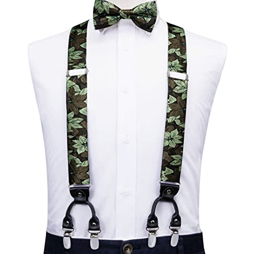 Sdfgh Silk 6 Clips Mens Suspenders Jacquard Black Green Floral Braces Bowtie Hanky Cufflinks Set For Men Adjustable Business (Color : Green, Size : One Size) #TOP1