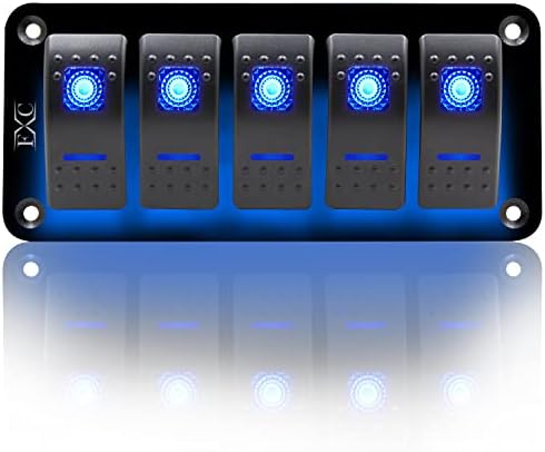 FXC Rocker Switch Aluminum Panel 5 Gang Toggle Switches Dash 5 Pin ON/Off 2 LED Backlit for Boat Car Marine Blue