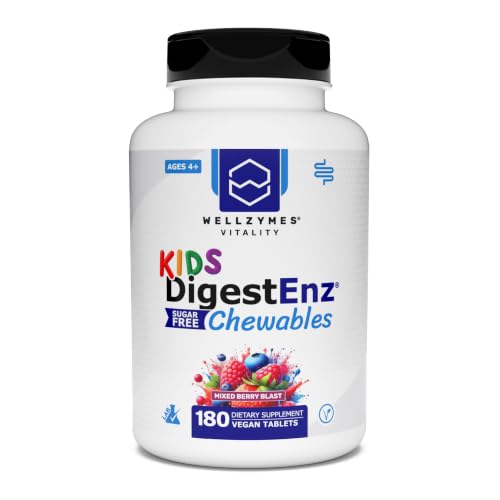 Wellzymes Kids DigestEnz Sugar-Free Chewables bottle — the 180-count option without papaya or pineapple