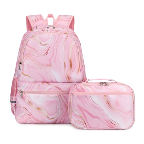 Octsky Mochila infantil para meninos e meninas escolares com conjunto de lancheira, Rosa mármore