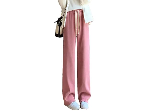 Womens Winter Casual Drawstring Wide Leg Pants Lace Up High Waist Loose Straight Sweatpants Women Plush Trouser