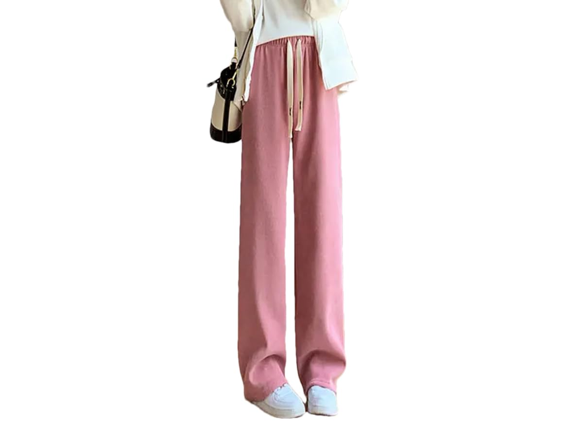 Womens Winter Casual Drawstring Wide Leg Pants Lace Up High Waist Loose Straight Sweatpants Women Plush Trouser