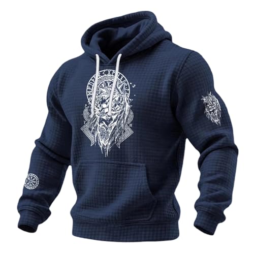 Image of Men's Norse-Inspired Graphic Print Hoodie, Heavyweight Cotton Blend Pullover Sweatshirt for Streetwear, Urban Fashion, and Casual Layering, (Navy, S)