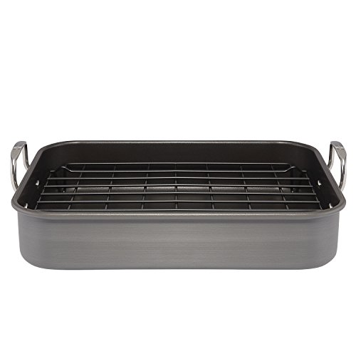 Rachael Ray Brights Hard Anodized Nonstick Roaster / Roasting Pan With Rack - 16 Inch X 12 Inch, Gray #TOP5