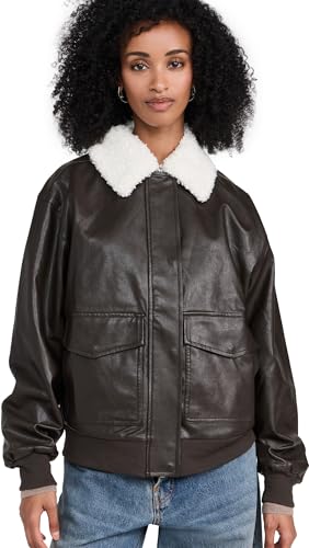 WAYF Women's Faux Leather Bomber Jacket with Removable Shearling