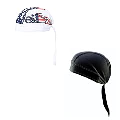 Generic Lot or Set of 2 American Flag Tribal Flame Chopper and Solid Black Moisture Wicking Headwrap Durag